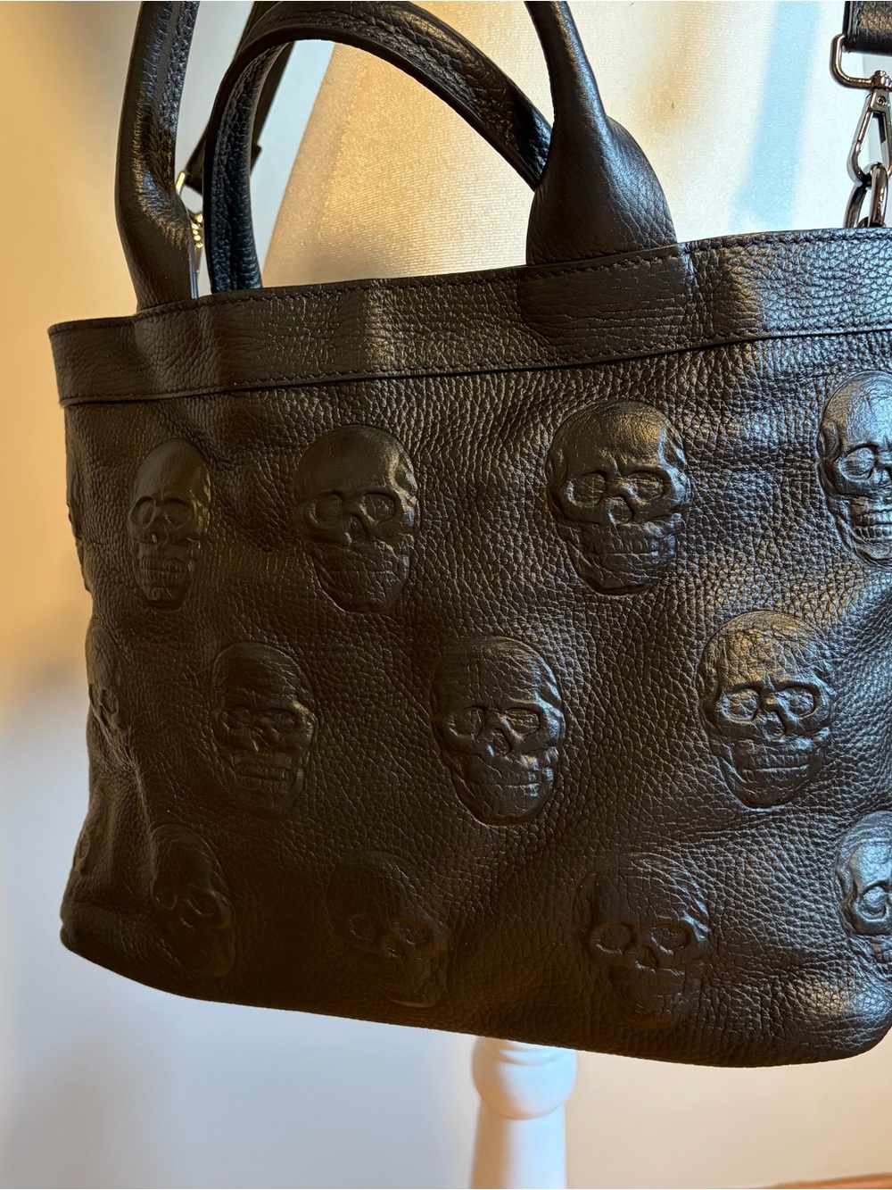 Black Embossed Skull Leather Tote